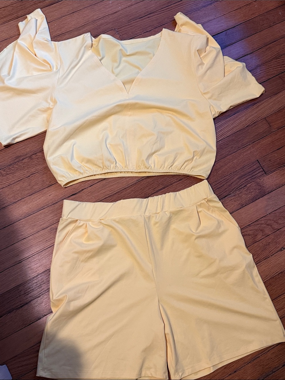 Bright Yellow Two-Piece Crop Top and Shorts Set